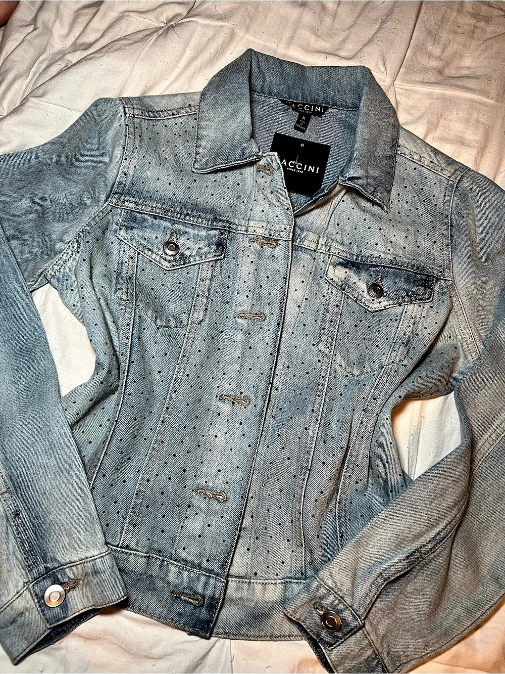 Baccini NWT Embellished Denim Jacket Light Wash Rhinestone Detail Size M